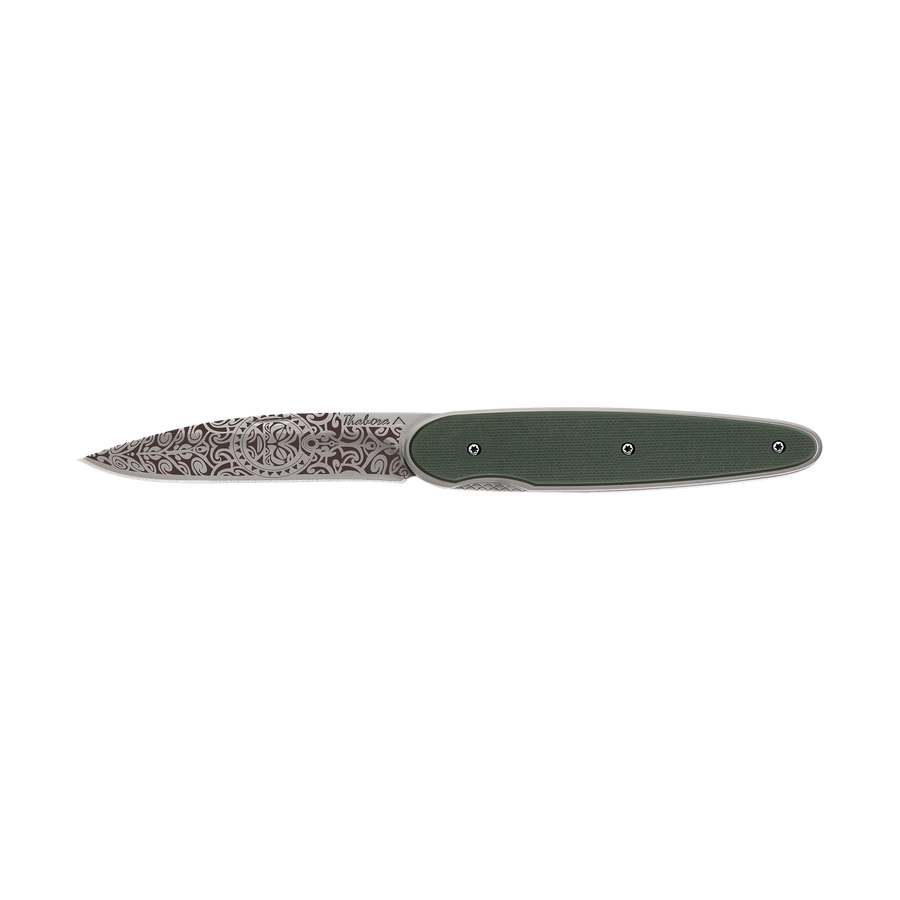 Couteau acier finition titane gris plaquette pleine résine g10 kaki motif «tiki»