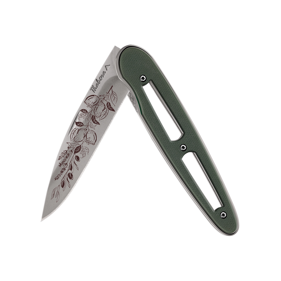 Couteau acier finition titane gris plaquette ajourée résine g10 kaki motif «provencal»