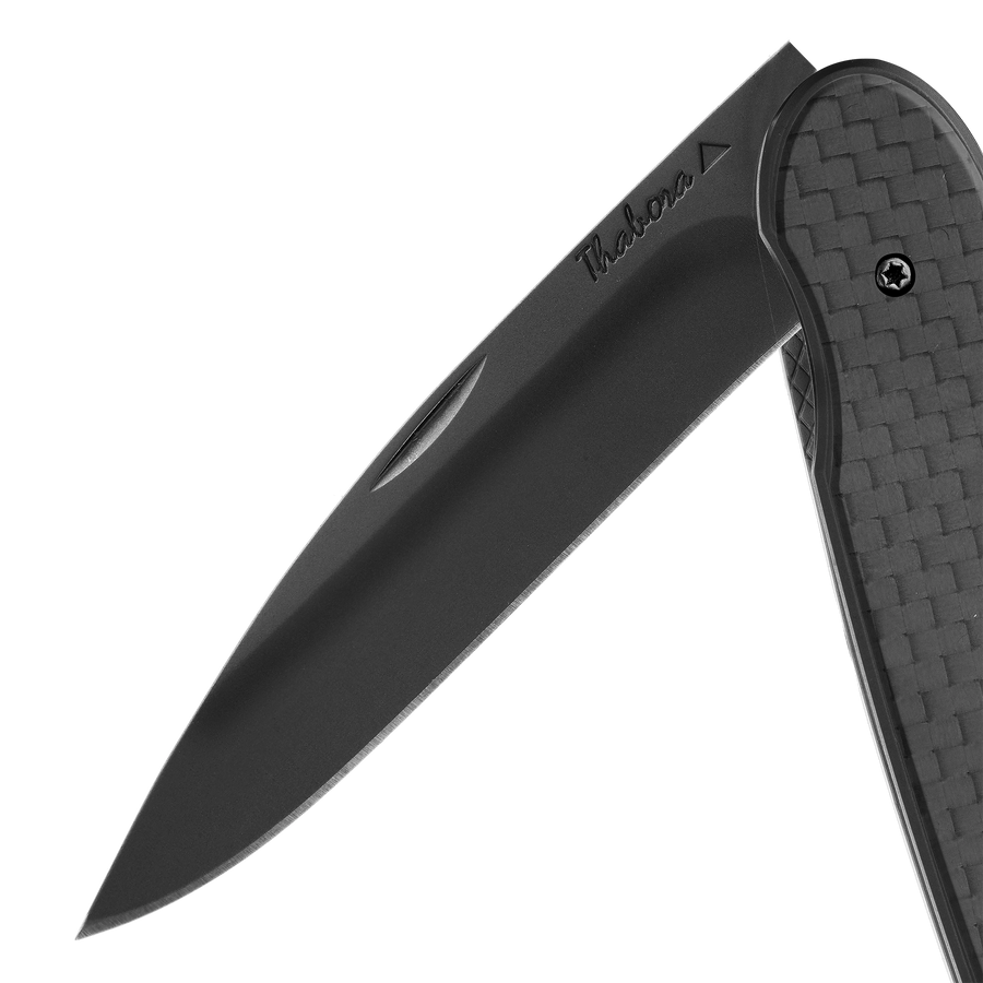 Couteau acier finition titane noir plaquette pleine carbone