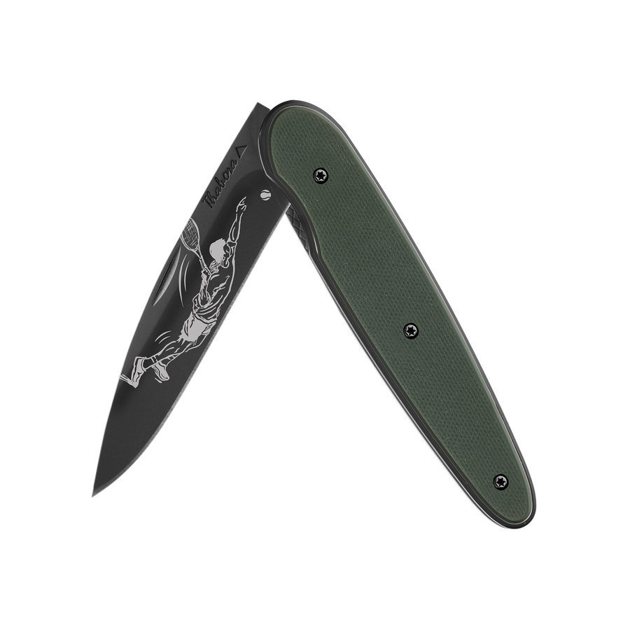 Couteau acier finition titane noir plaquette pleine résine g10 kaki motif «tennisman»