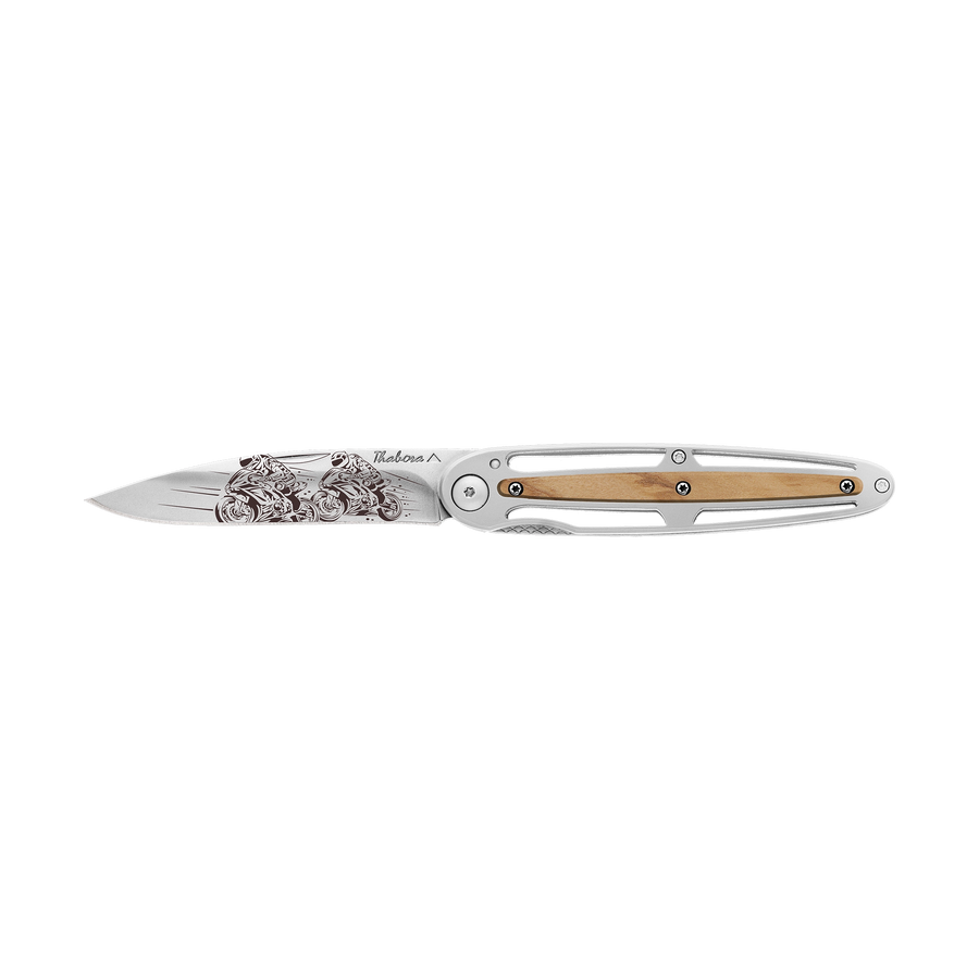 Couteau acier finition brillante plaquette centrale bois clair motif «motos de course»