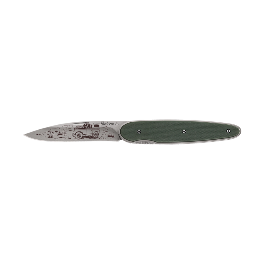 Couteau acier finition titane gris plaquette pleine résine g10 kaki motif «4x4»