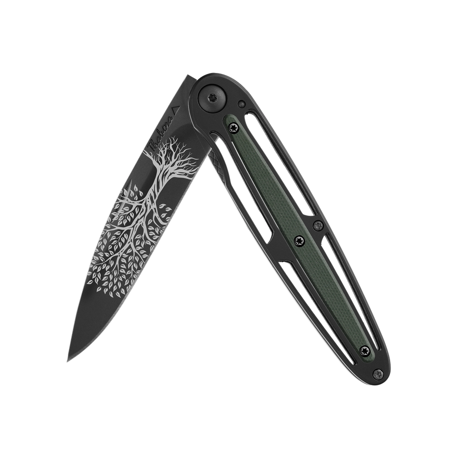 Couteau acier finition titane noir plaquette centrale résine g10 kaki motif «arbre de vie»