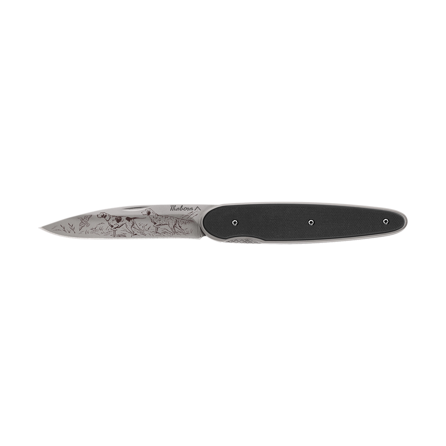Couteau acier finition titane gris plaquette pleine résine g10 noir motif «chiens d'arrêt»