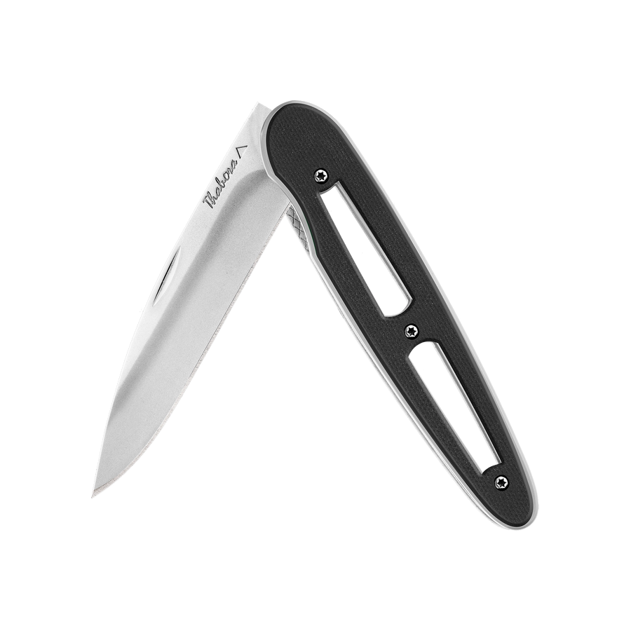 Couteau acier finition brillante plaquette ajourée résine g10 noir