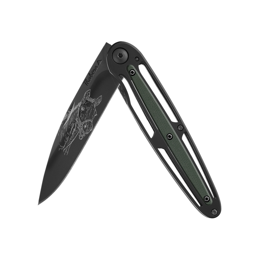 Couteau acier finition titane noir plaquette centrale résine g10 kaki motif «poulain»