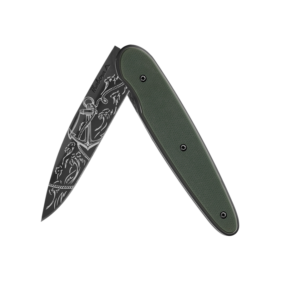 Couteau acier finition titane noir plaquette pleine résine g10 kaki motif «ancre»