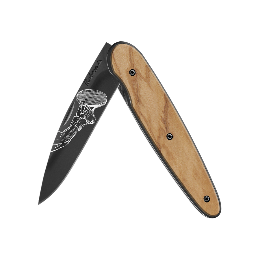 Couteau acier finition titane noir plaquette pleine bois clair motif «raquette»