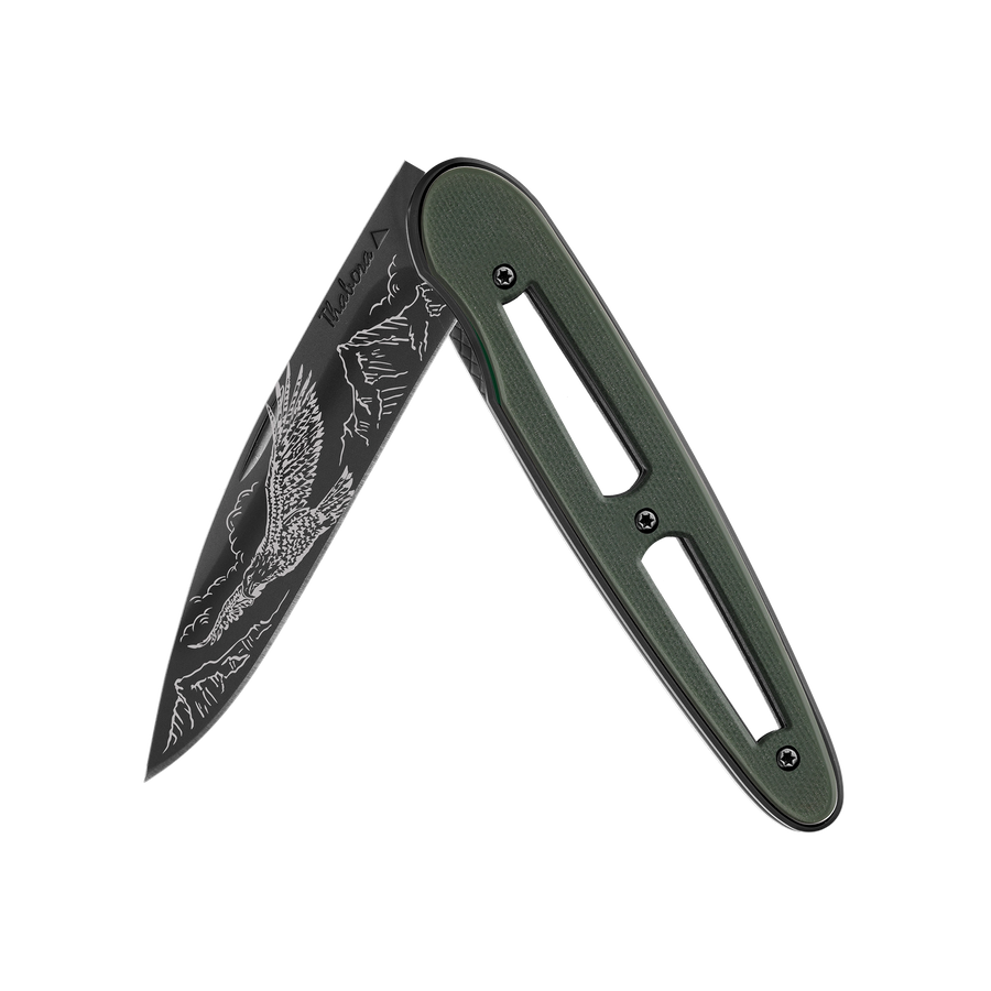 Couteau acier finition titane noir plaquette ajourée résine g10 kaki motif «aigle»