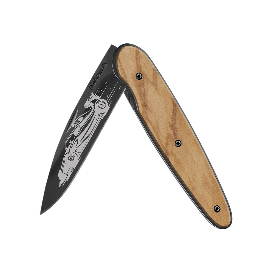 Couteau acier finition titane noir plaquette pleine bois clair motif «formule 1»