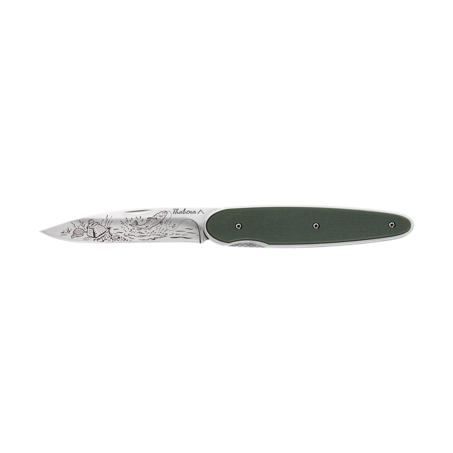Couteau acier finition brillante plaquette pleine résine g10 kaki motif «pêche rivière»