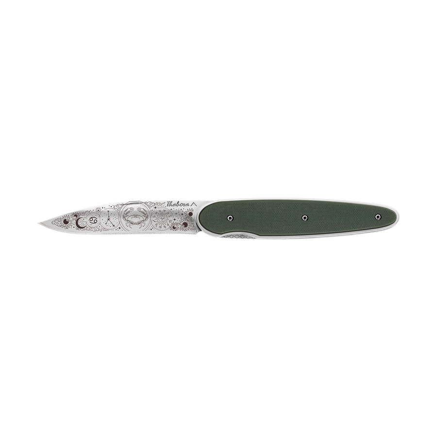 Couteau acier finition brillante plaquette pleine résine g10 kaki motif «zodiaque cancer»