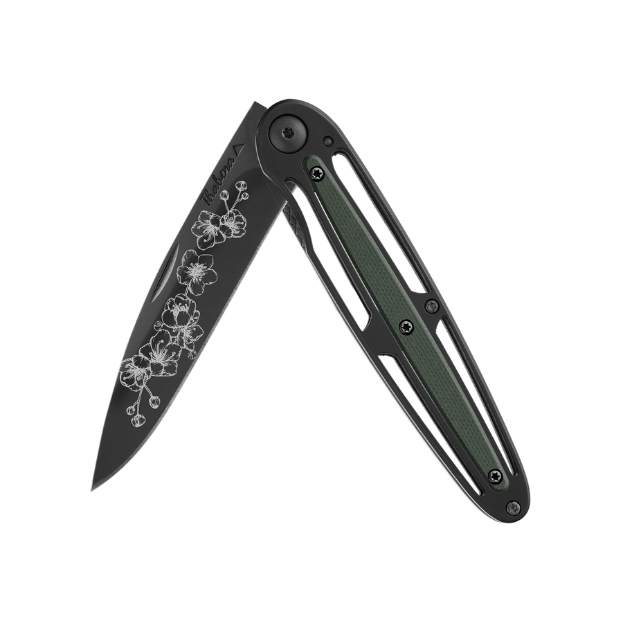 Couteau acier finition titane noir plaquette centrale résine g10 kaki motif «arbre fleuri»