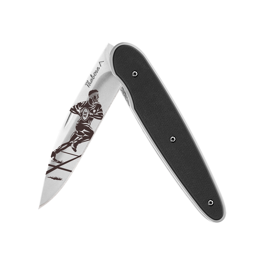 Couteau acier finition brillante plaquette pleine résine g10 noir motif «rugbyman»