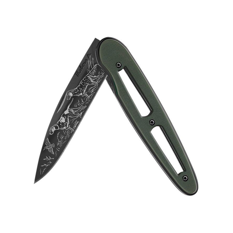 Couteau acier finition titane noir plaquette ajourée résine g10 kaki motif «chiens d'arrêt»