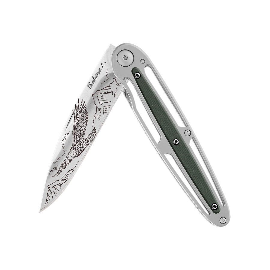Couteau acier finition brillante plaquette centrale résine g10 kaki motif «aigle»
