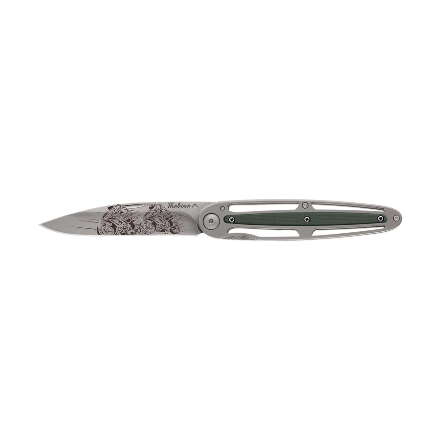 Couteau acier finition titane gris plaquette centrale résine g10 kaki motif «motos de course»
