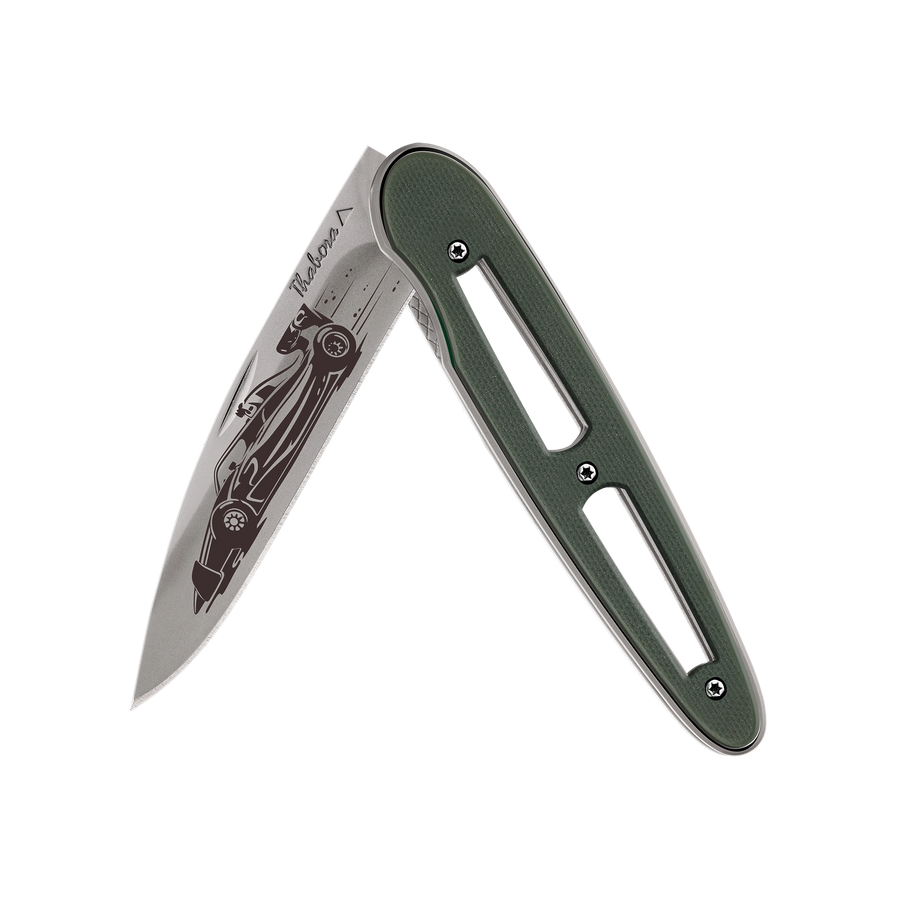 Couteau acier finition titane gris plaquette ajourée résine g10 kaki motif «formule 1»