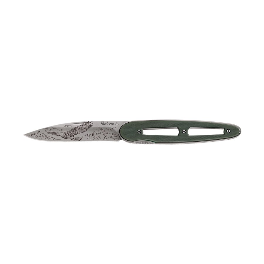 Couteau acier finition titane gris plaquette ajourée résine g10 kaki motif «aigle»