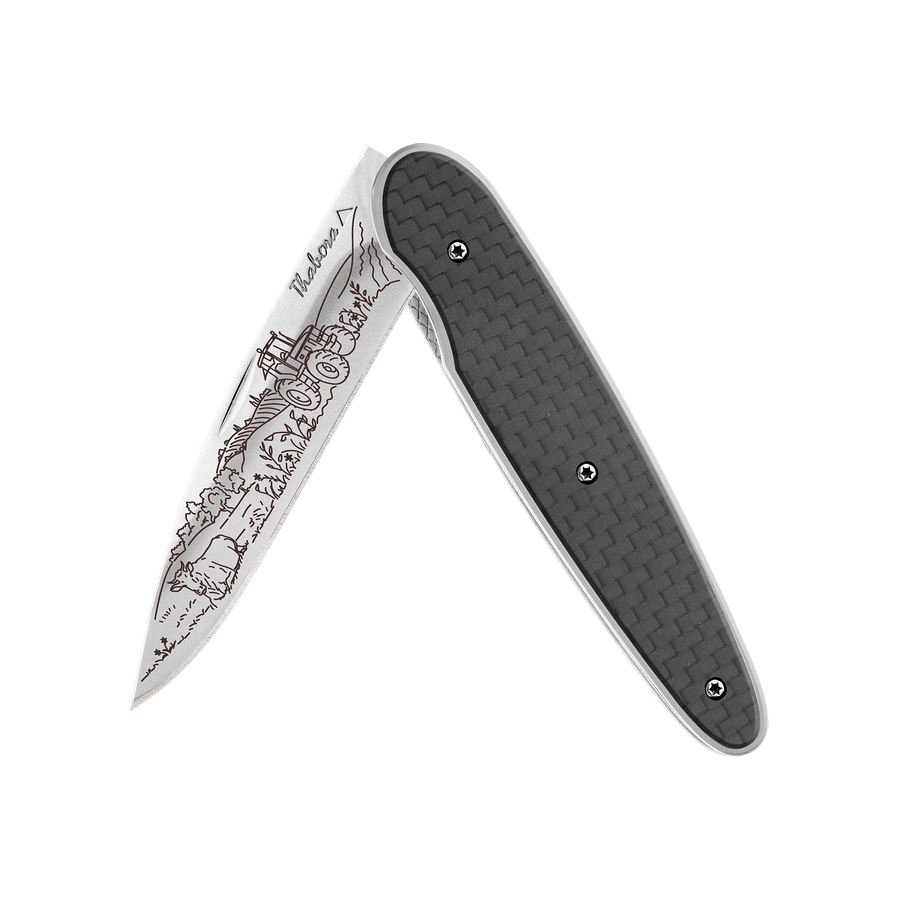 Couteau acier finition brillante plaquette pleine carbone motif «campagne»