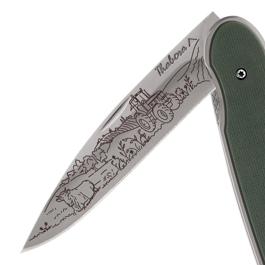 Couteau acier finition titane gris plaquette pleine résine g10 kaki motif «campagne»