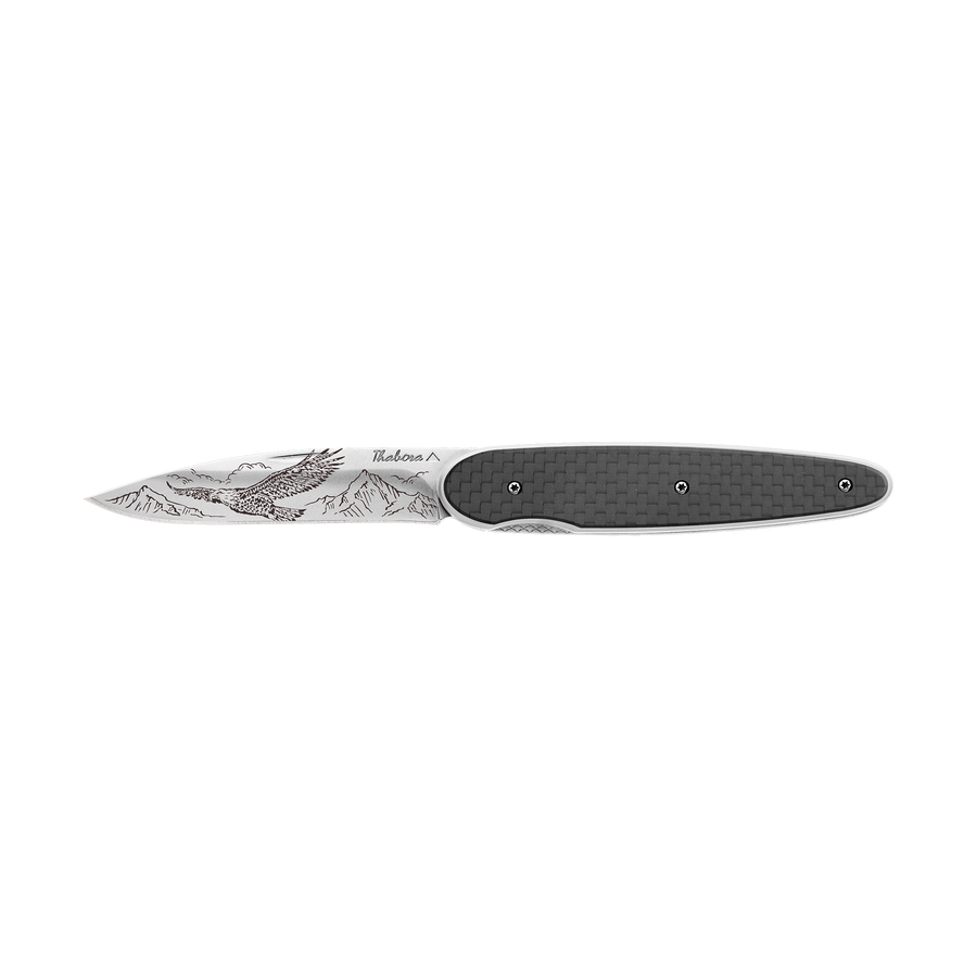 Couteau acier finition brillante plaquette pleine carbone motif «aigle»