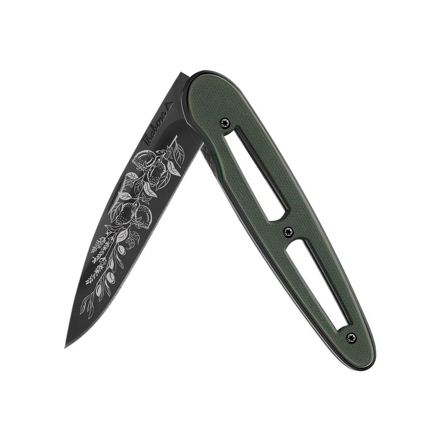 Couteau acier finition titane noir plaquette ajourée résine g10 kaki motif «provencal»