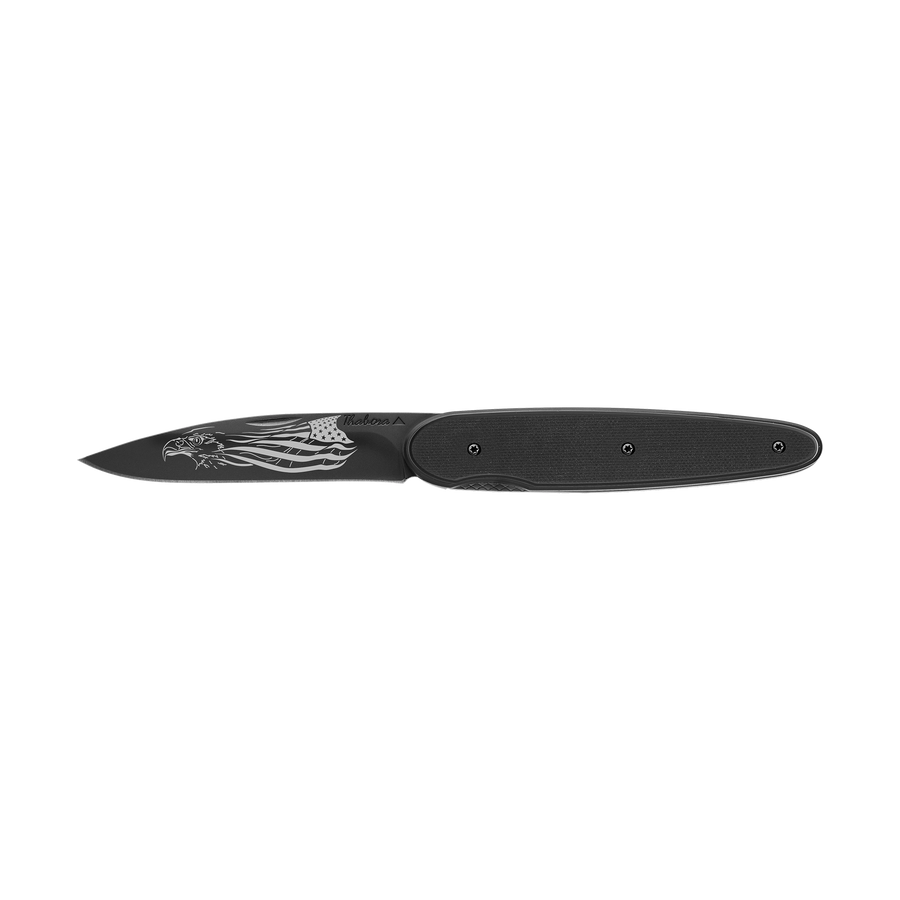 Couteau acier finition titane noir plaquette pleine résine g10 noir motif «aigle américain»