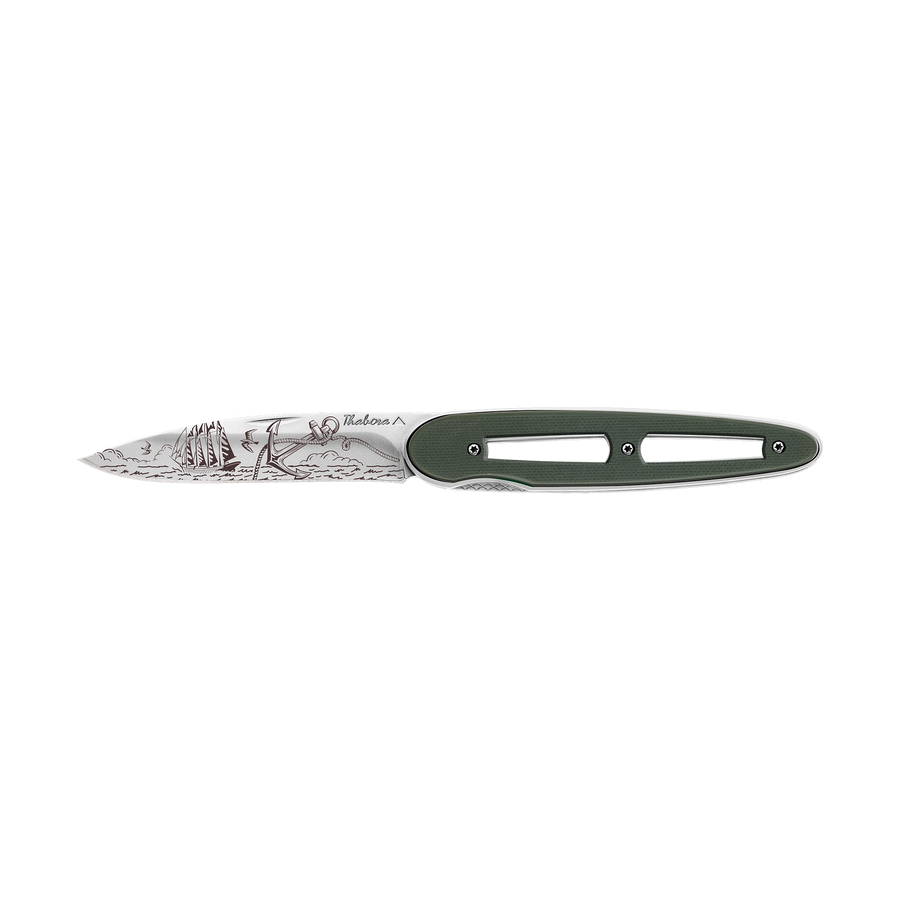 Couteau acier finition brillante plaquette ajourée résine g10 kaki motif «océan»