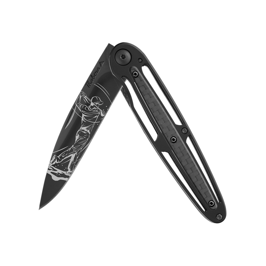 Couteau acier finition titane noir plaquette centrale carbone motif «golfeur»