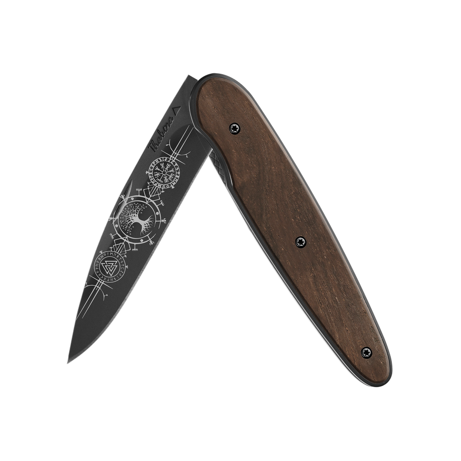 Couteau acier finition titane noir plaquette pleine bois foncé motif «runes viking»