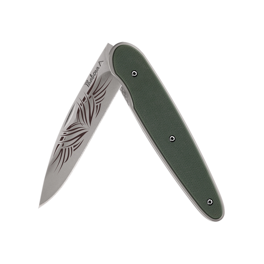 Couteau acier finition titane gris plaquette pleine résine g10 kaki motif «tribal»