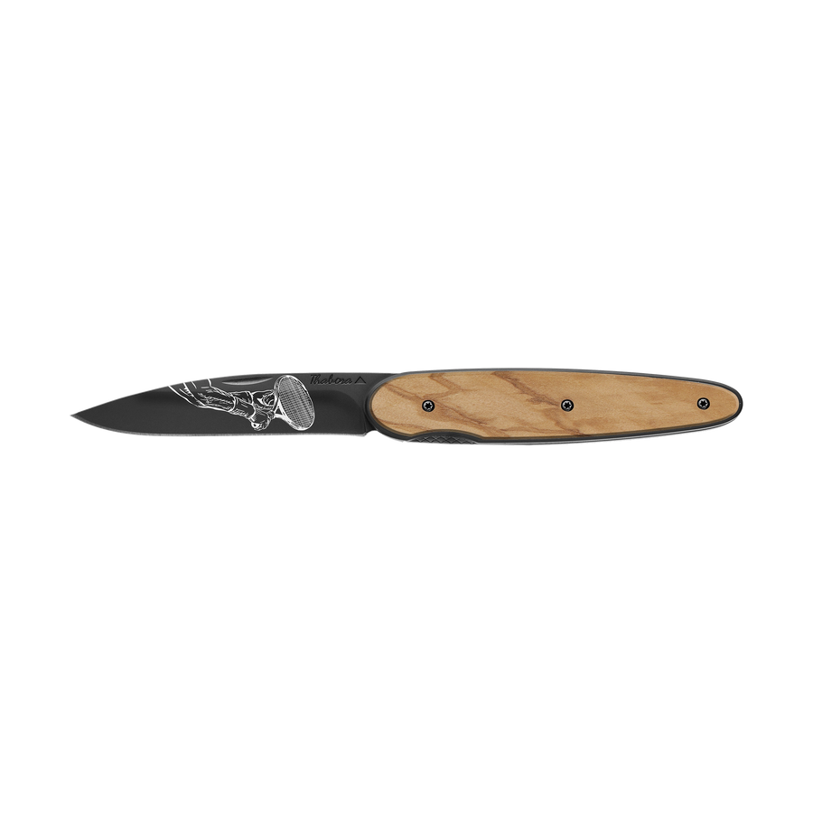 Couteau acier finition titane noir plaquette pleine bois clair motif «raquette»