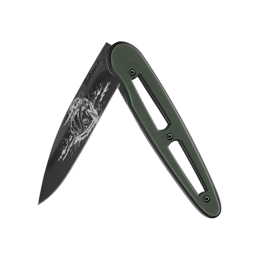 Couteau acier finition titane noir plaquette ajourée résine g10 kaki motif «voiture rétro»