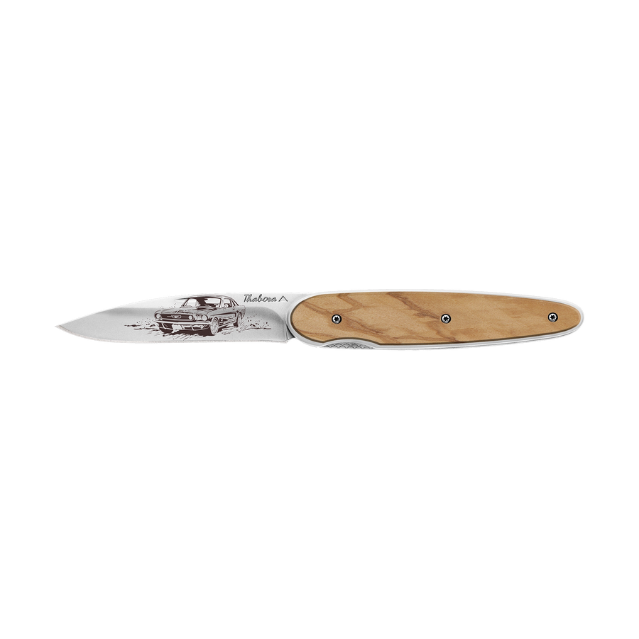 Couteau acier finition brillante plaquette pleine bois clair motif «voiture américaine»