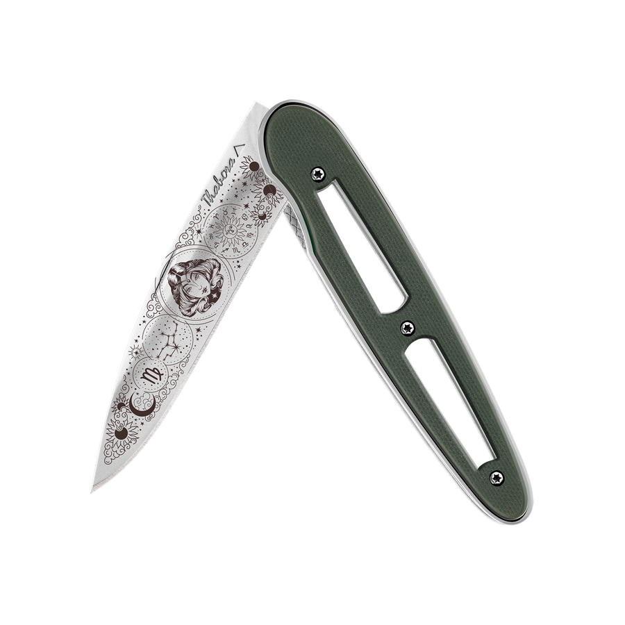 Couteau acier finition brillante plaquette ajourée résine g10 kaki motif «zodiaque vierge»