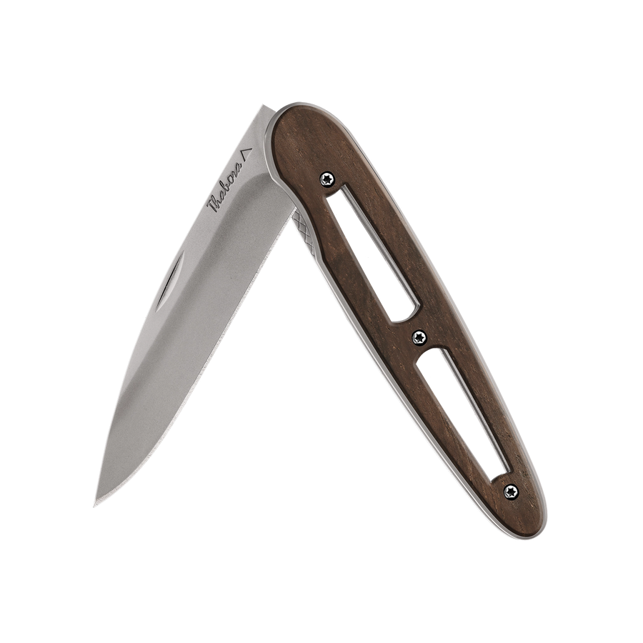 Couteau acier finition titane gris plaquette ajourée bois foncé