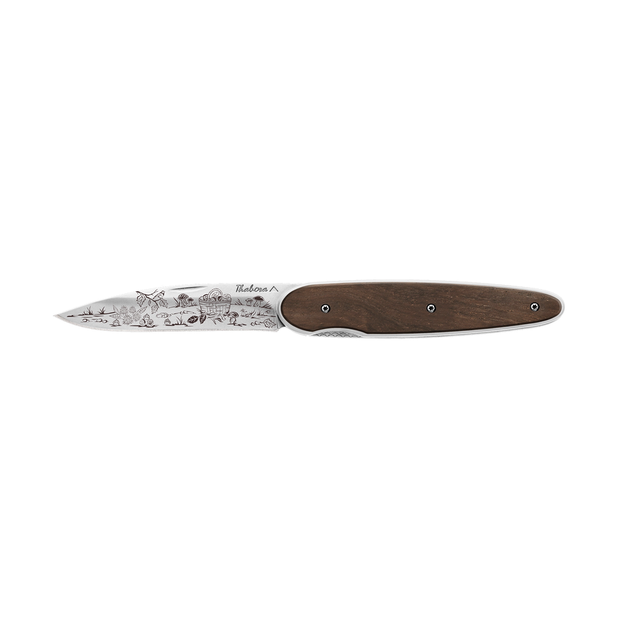 Couteau acier finition brillante plaquette pleine bois foncé motif «cueillette d'automne»