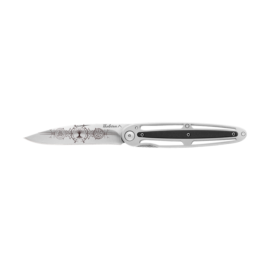 Couteau acier finition brillante plaquette centrale résine g10 noir motif «runes viking»