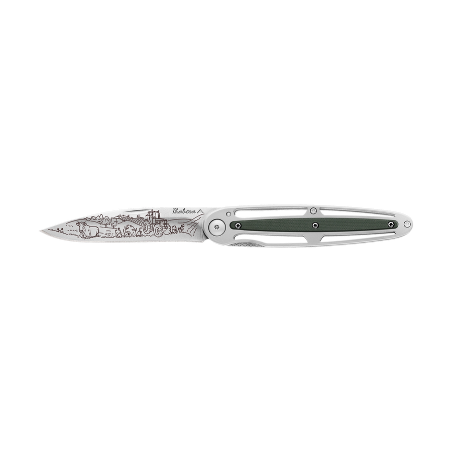 Couteau acier finition brillante plaquette centrale résine g10 kaki motif «campagne»
