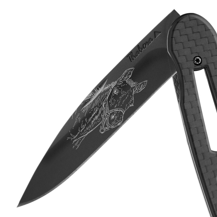 Couteau acier finition titane noir plaquette ajourée carbone motif «poulain»
