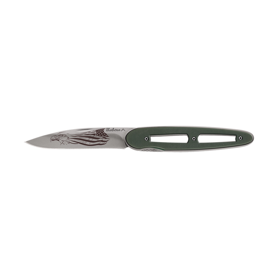 Couteau acier finition titane gris plaquette ajourée résine g10 kaki motif «aigle américain»