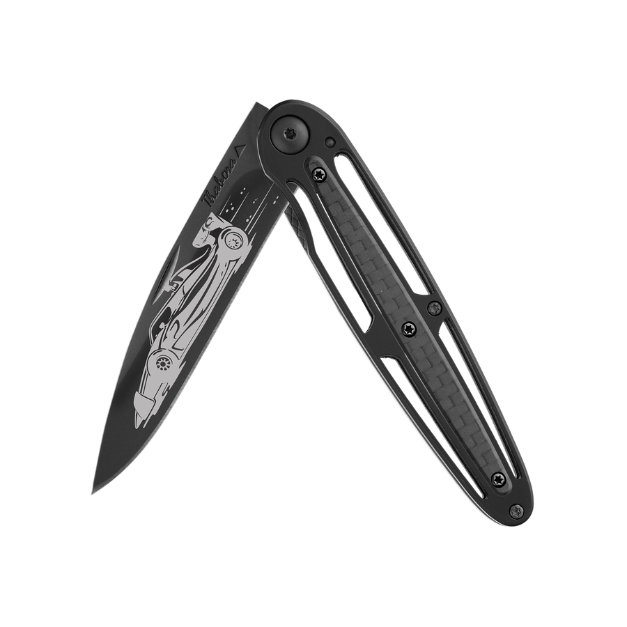 Couteau acier finition titane noir plaquette centrale carbone motif «formule 1»