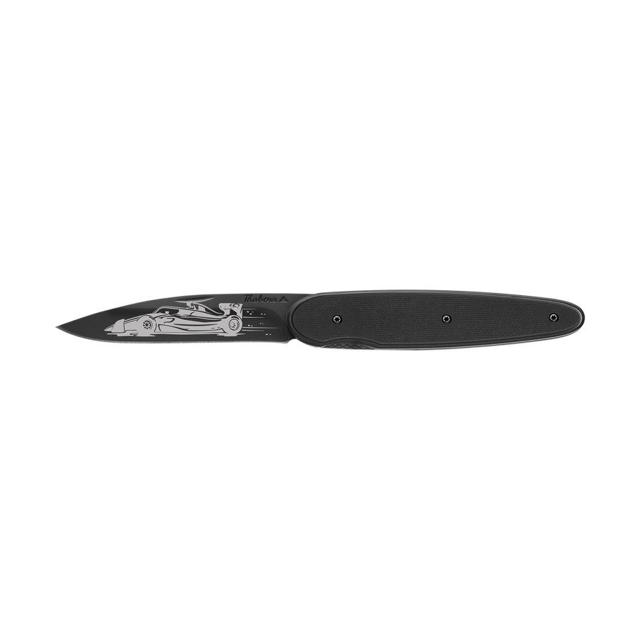 Couteau acier finition titane noir plaquette pleine résine g10 noir motif «formule 1»