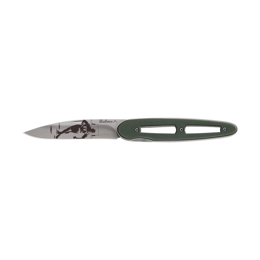 Couteau acier finition titane gris plaquette ajourée résine g10 kaki motif «rugby»