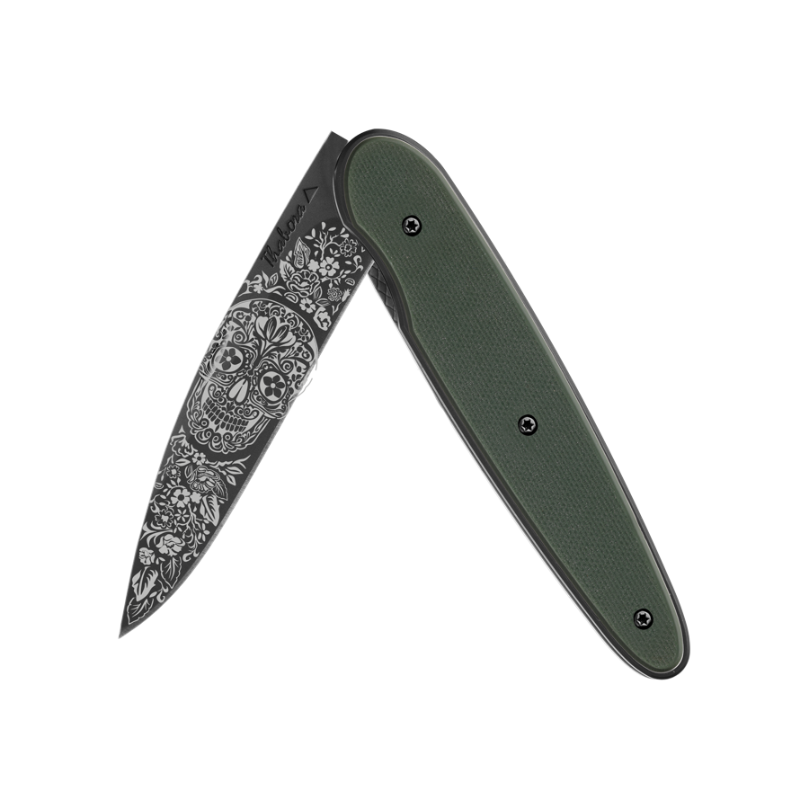 Couteau acier finition titane noir plaquette pleine résine g10 kaki motif «tête mexicaine»