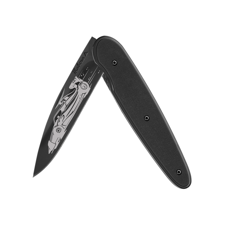 Couteau acier finition titane noir plaquette pleine résine g10 noir motif «formule 1»