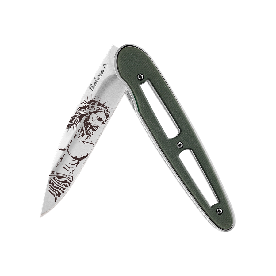 Couteau acier finition brillante plaquette ajourée résine g10 kaki motif «christ»