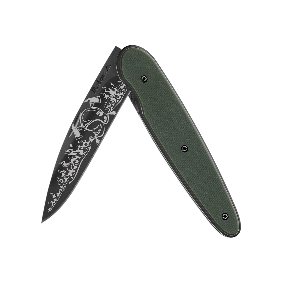 Couteau acier finition titane noir plaquette pleine résine g10 kaki motif «pompier»