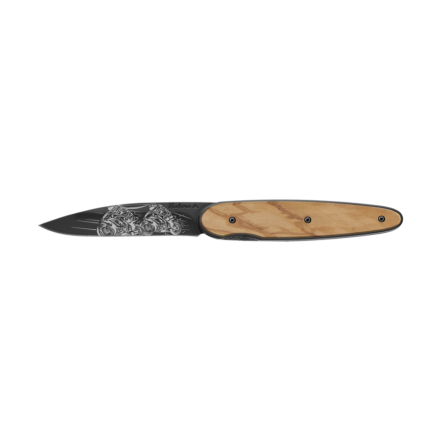 Couteau acier finition titane noir plaquette pleine bois clair motif «motos de course»